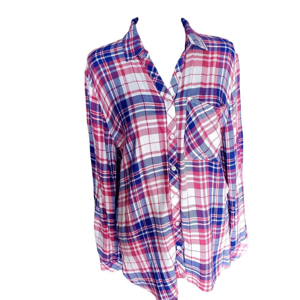 id:23 blue & pink Sz M long sleeve w/roll tab for 3/4 sleeves | EUC